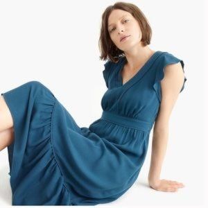 Point Sur J Crew V Neck Ruffle Midi Dress Size 14 Teal Blue Cap Sleeve A Line